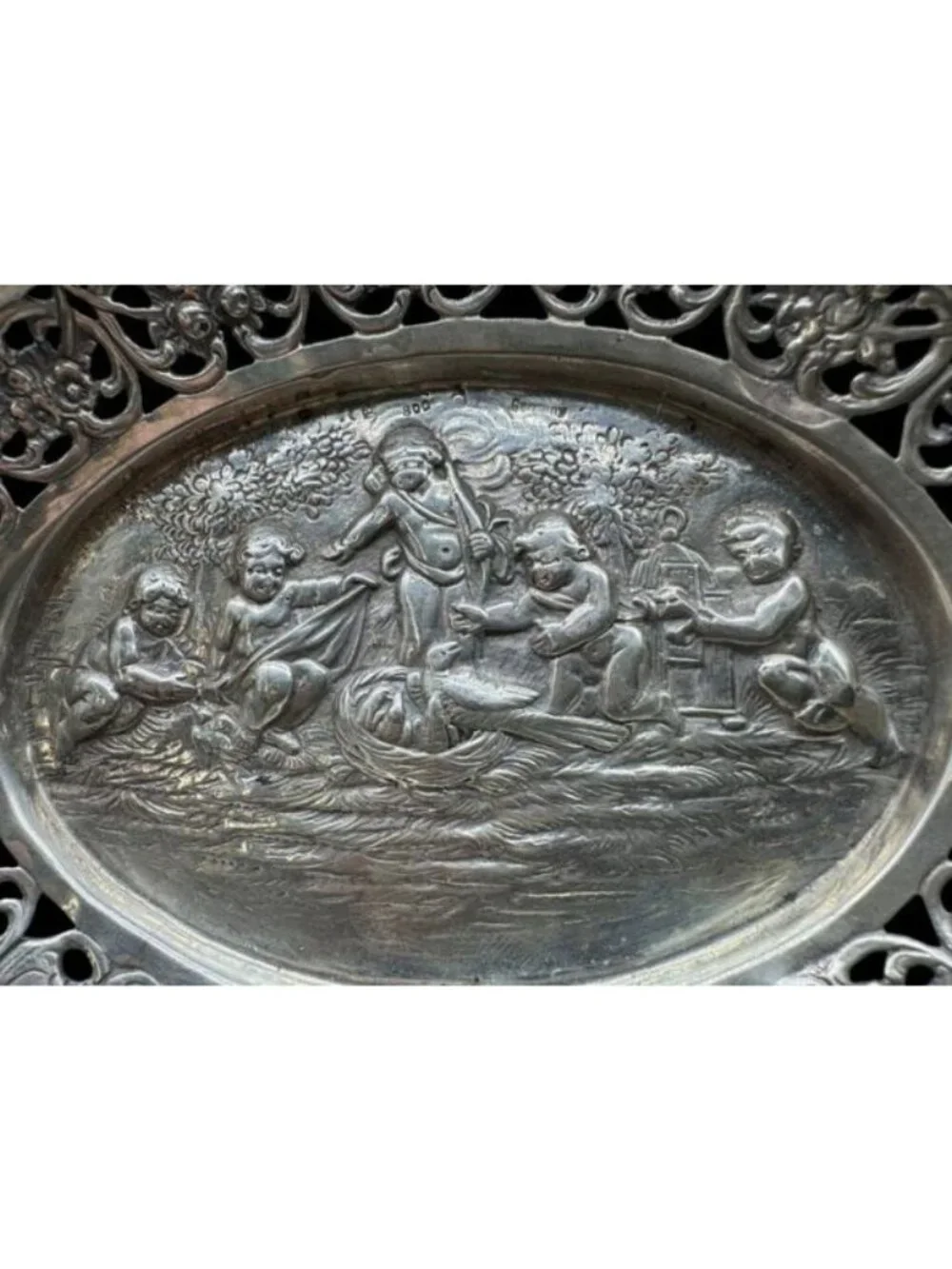 Antique German 800 Silver Cherub Scene Reticulated Bowl 7 1/2